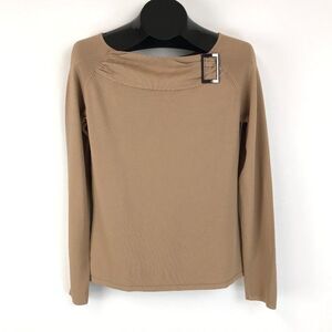 BCBGMaxAzria Boat Neck Sweater Women's Large Pullover Tan Buckle Stretch Knit